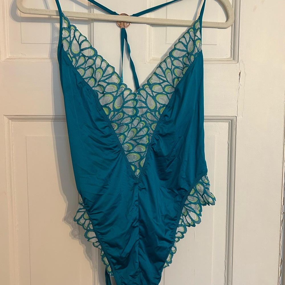 Teal Lace-Trimmed Bodysuit